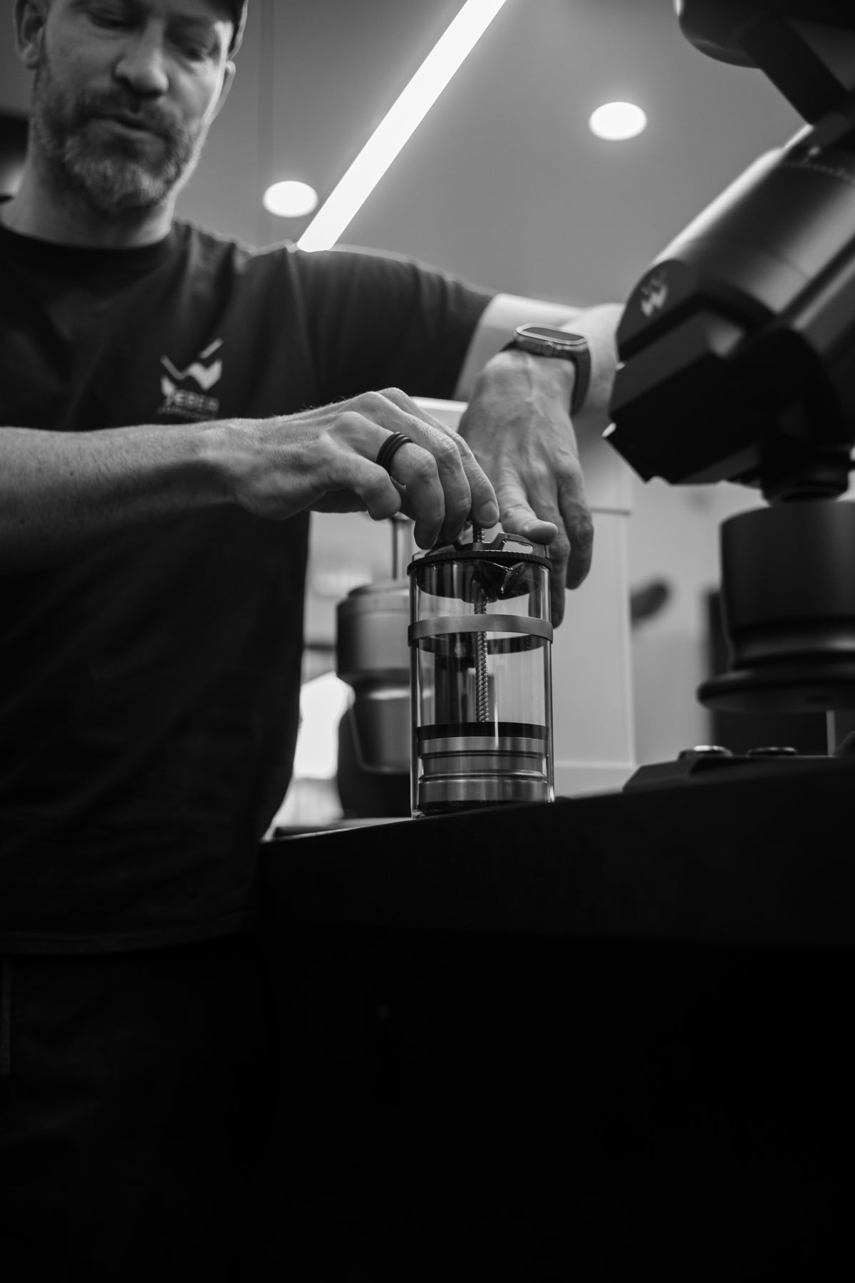 Close-up of coffee grounds being pressed in a glass brewer