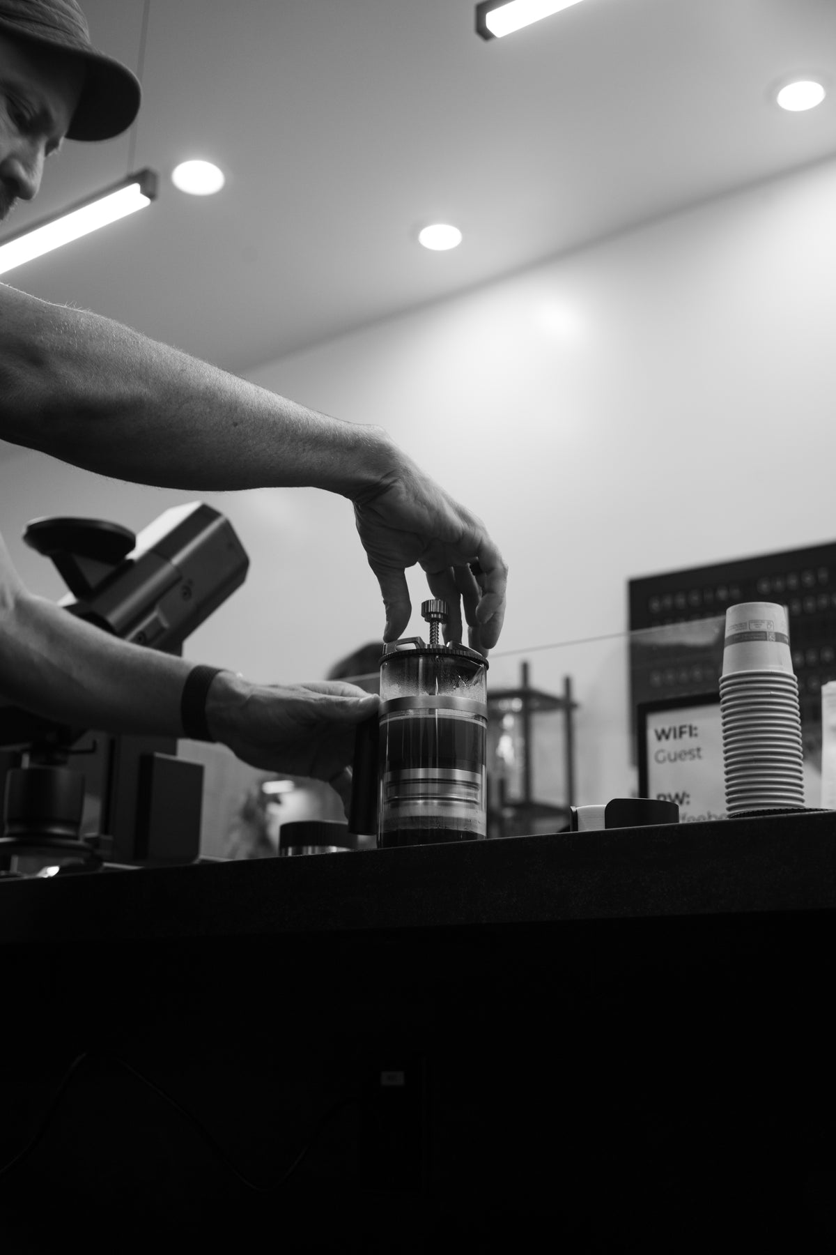 Coffee grounds being stirred during the brewing demonstration
