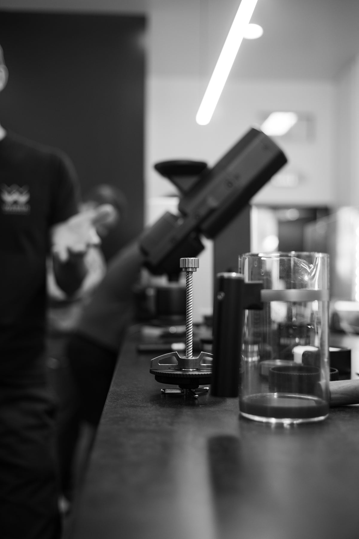 The Bird brewer and glass carafe in shallow focus