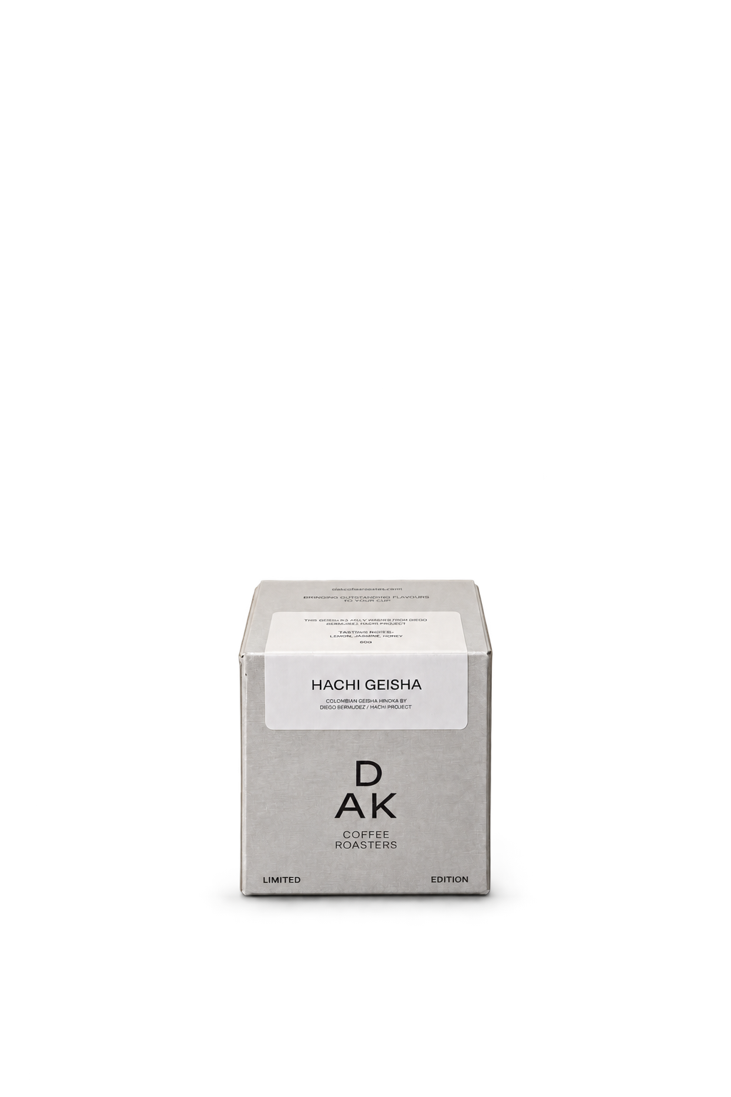 Caja plateada de edición limitada DAK Hachi Geisha de 60 g, imagen de estudio del producto