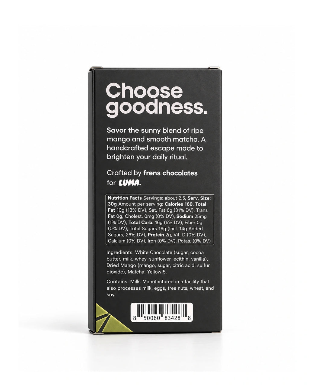 Back of LUMA Mango Matcha 70g chocolate bar packaging, showing ingredients, facility allergen statement, nutrition facts and UPC