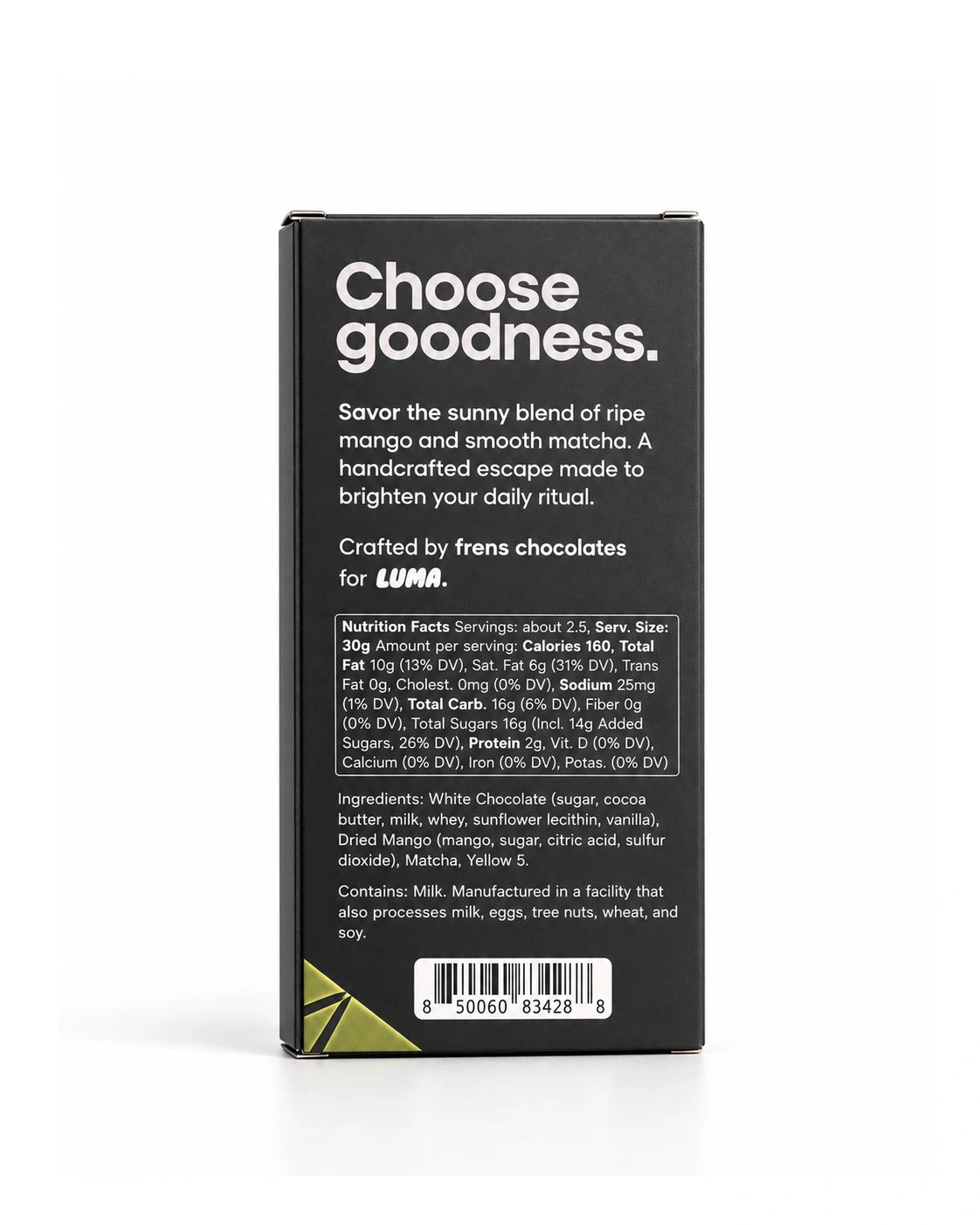 Back of LUMA Mango Matcha 70g chocolate bar packaging, showing ingredients, facility allergen statement, nutrition facts and UPC