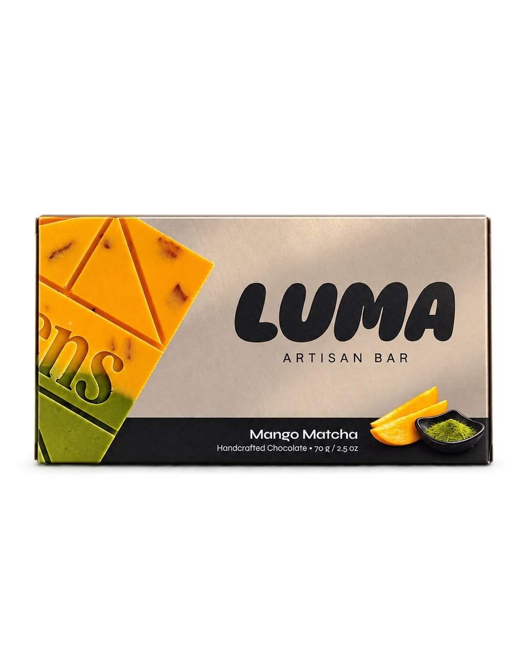 Front of LUMA Mango Matcha 70g chocolate bar packaging