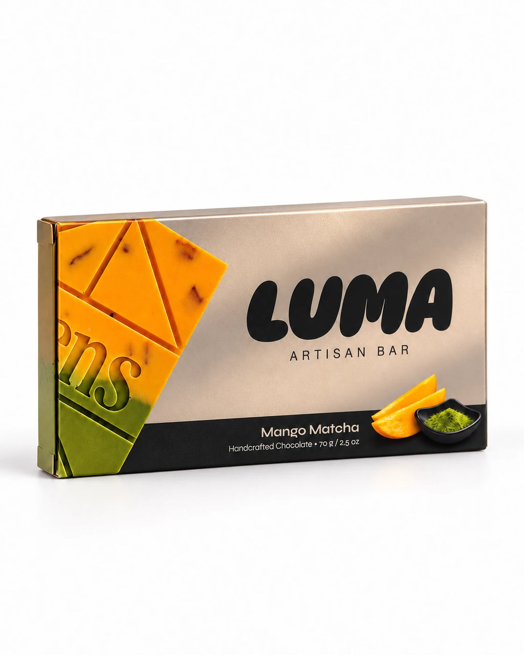 Angled view of LUMA Mango Matcha 70g chocolate bar packaging