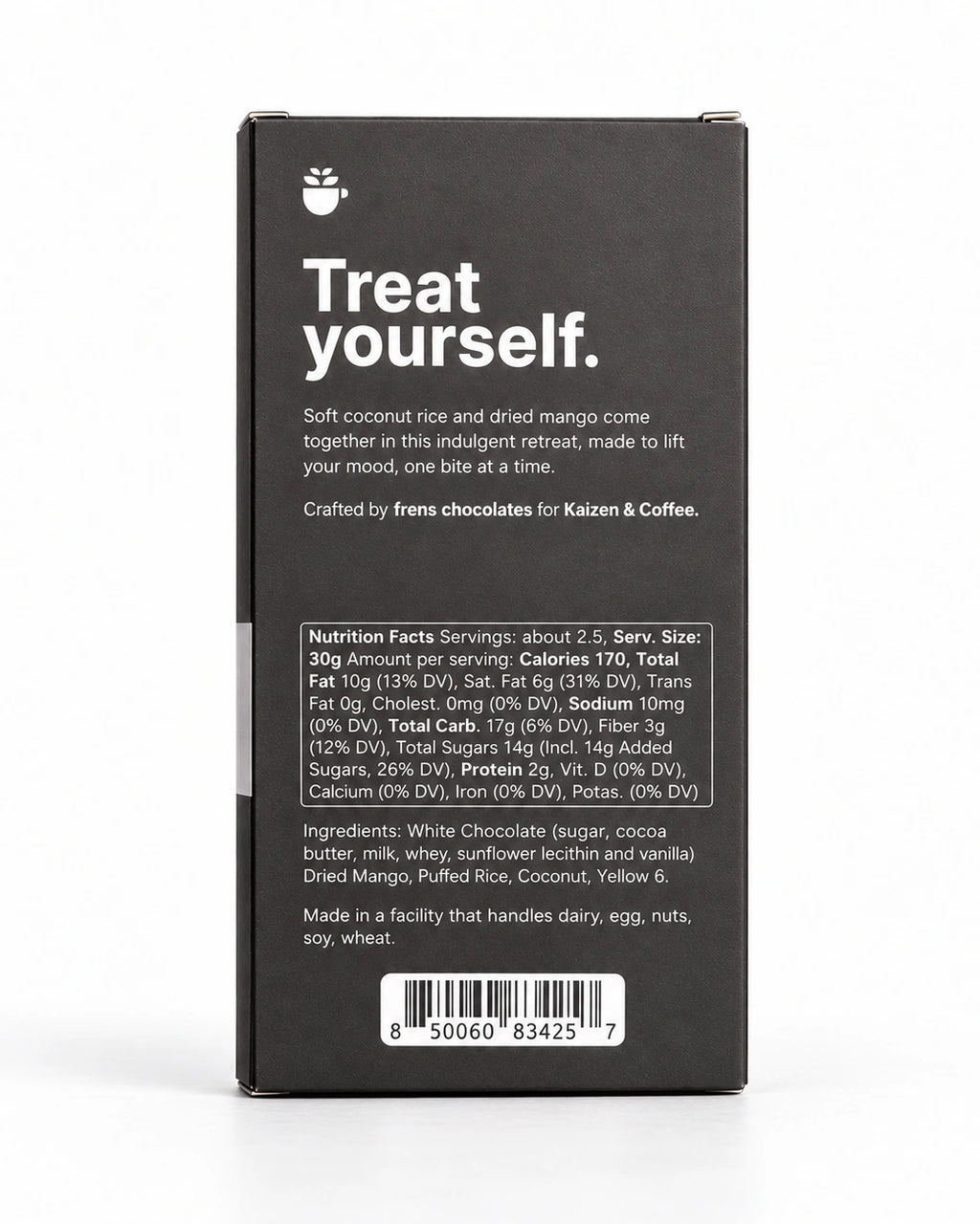 Back of Kaizen Mango Sticky Rice 70g chocolate bar packaging, showing ingredients, facility allergen statement, nutrition facts and UPC