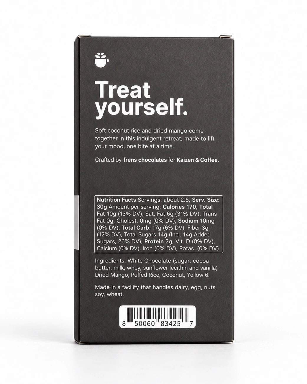 Back of Kaizen Mango Sticky Rice 70g chocolate bar packaging, showing ingredients, facility allergen statement, nutrition facts and UPC