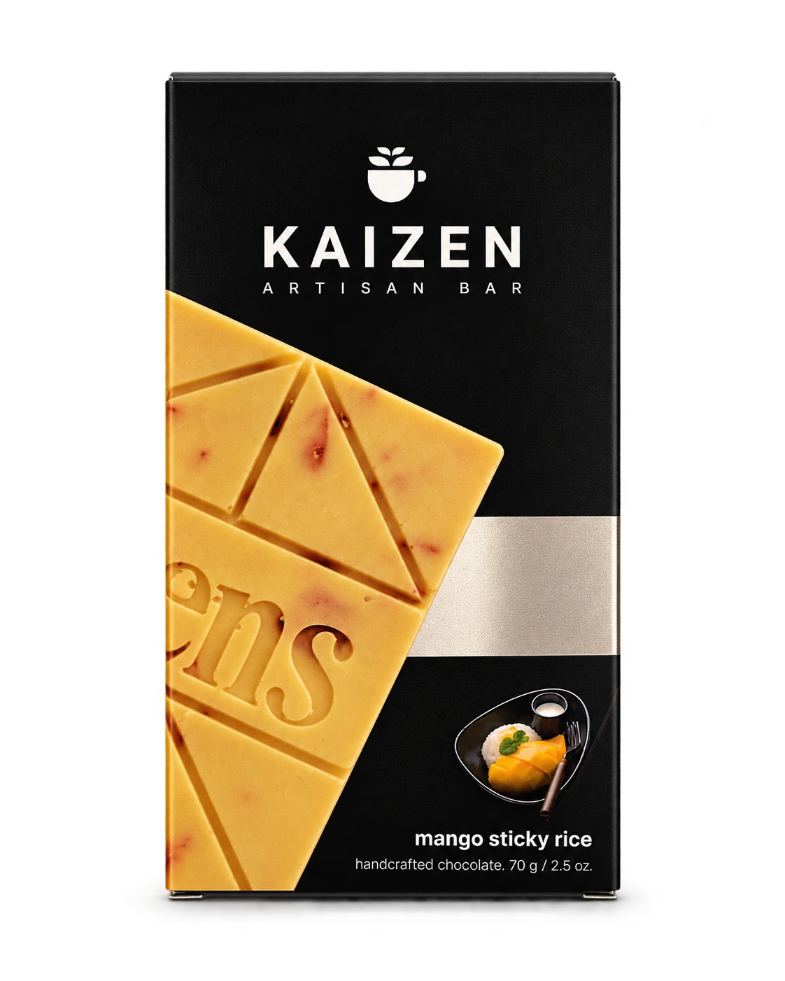 Front of Kaizen Mango Sticky Rice 70g chocolate bar packaging