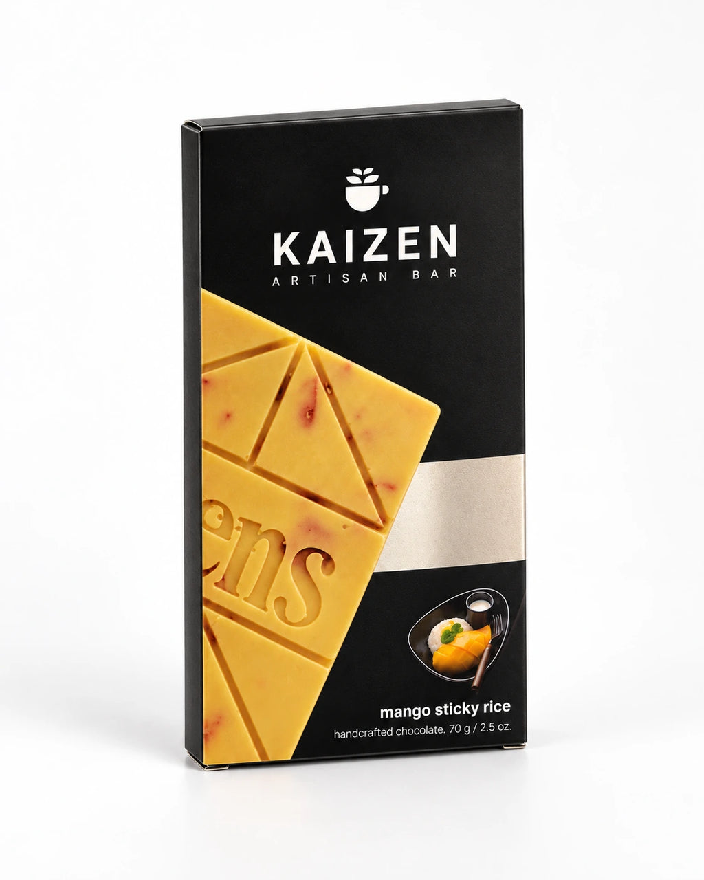 Angled view of Kaizen Mango Sticky Rice 70g chocolate bar packaging