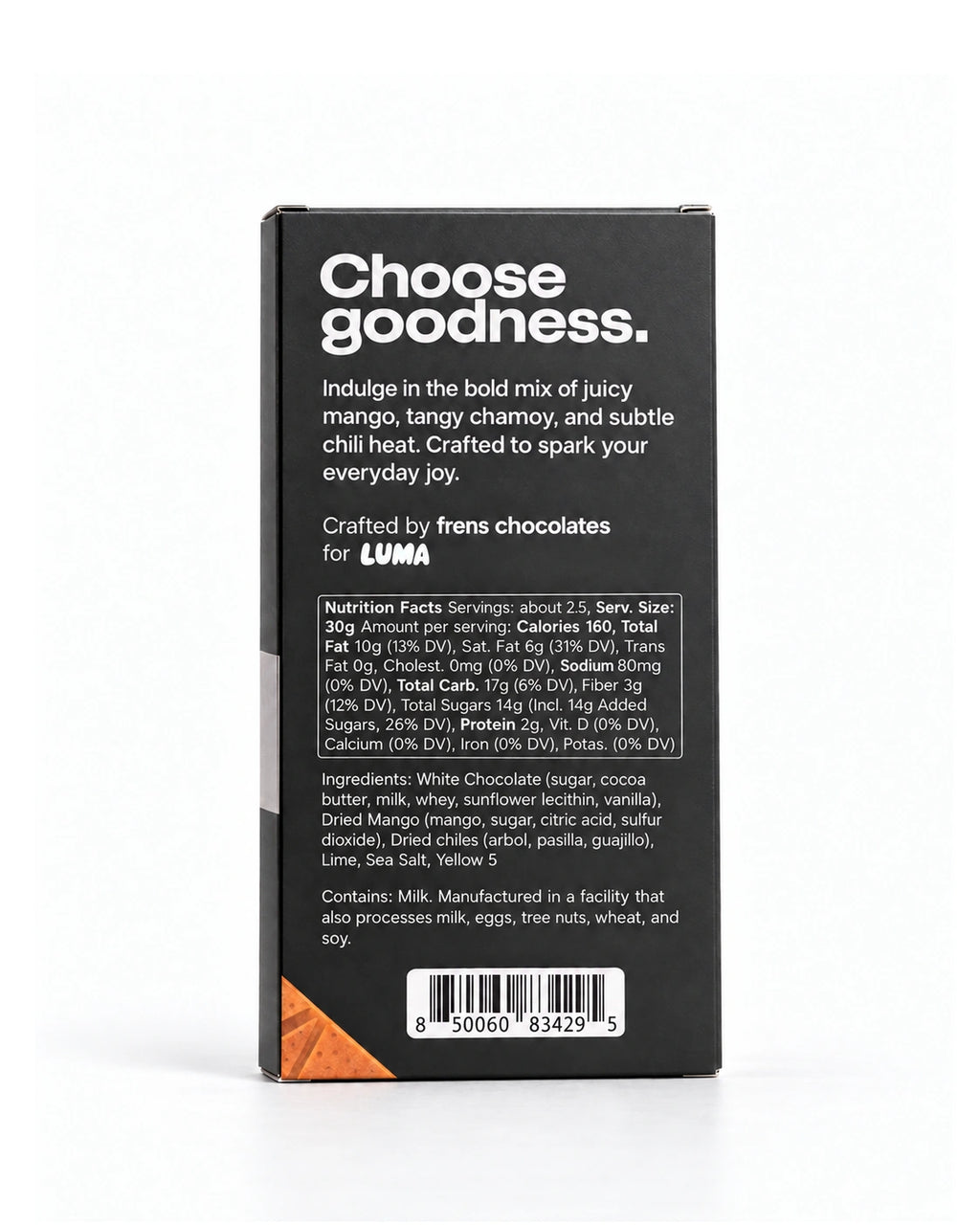Back of LUMA Mangonada 70g chocolate bar packaging, showing ingredients, facility allergen statement, nutrition facts and UPC