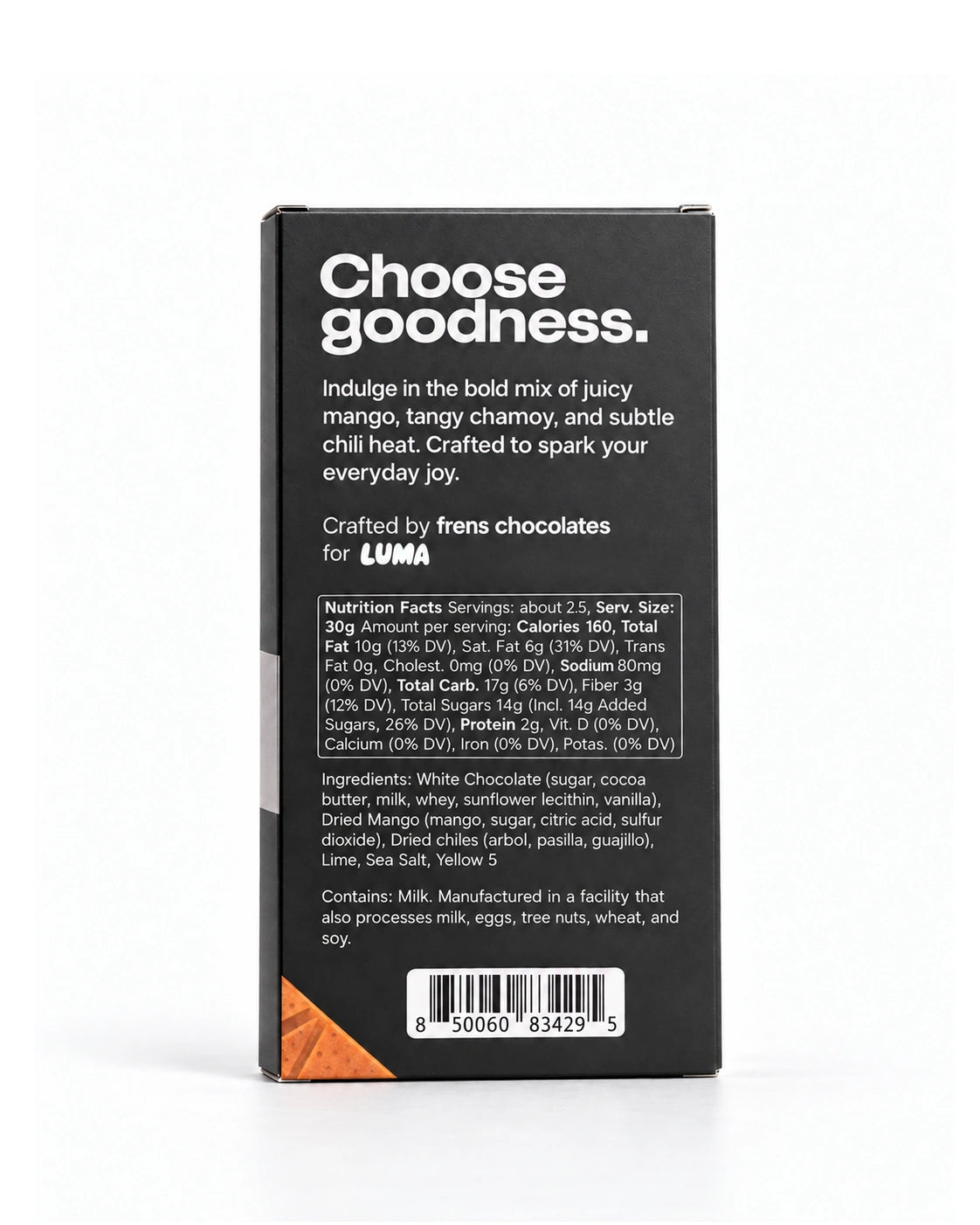 Back of LUMA Mangonada 70g chocolate bar packaging, showing ingredients, facility allergen statement, nutrition facts and UPC