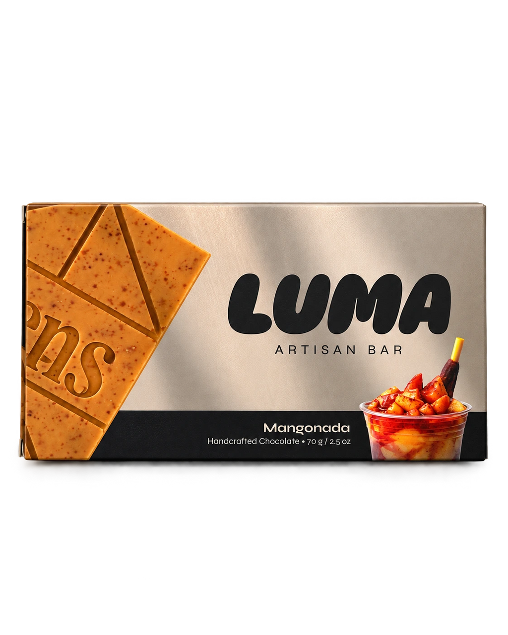 Front of LUMA Mangonada 70g chocolate bar packaging