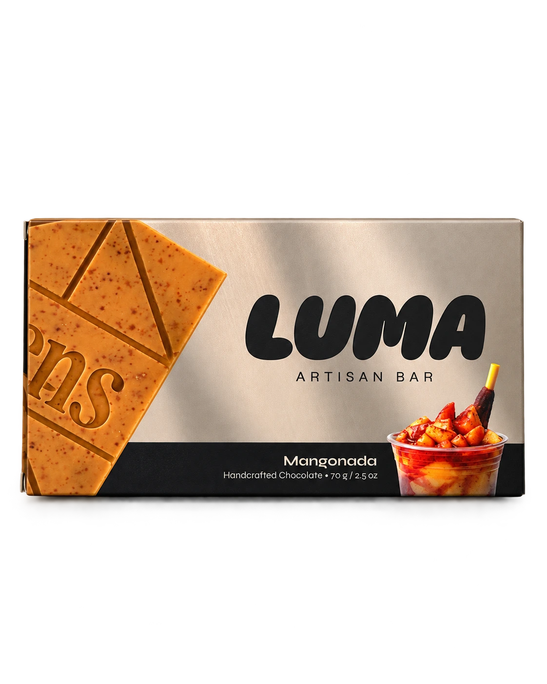 Front of LUMA Mangonada 70g chocolate bar packaging
