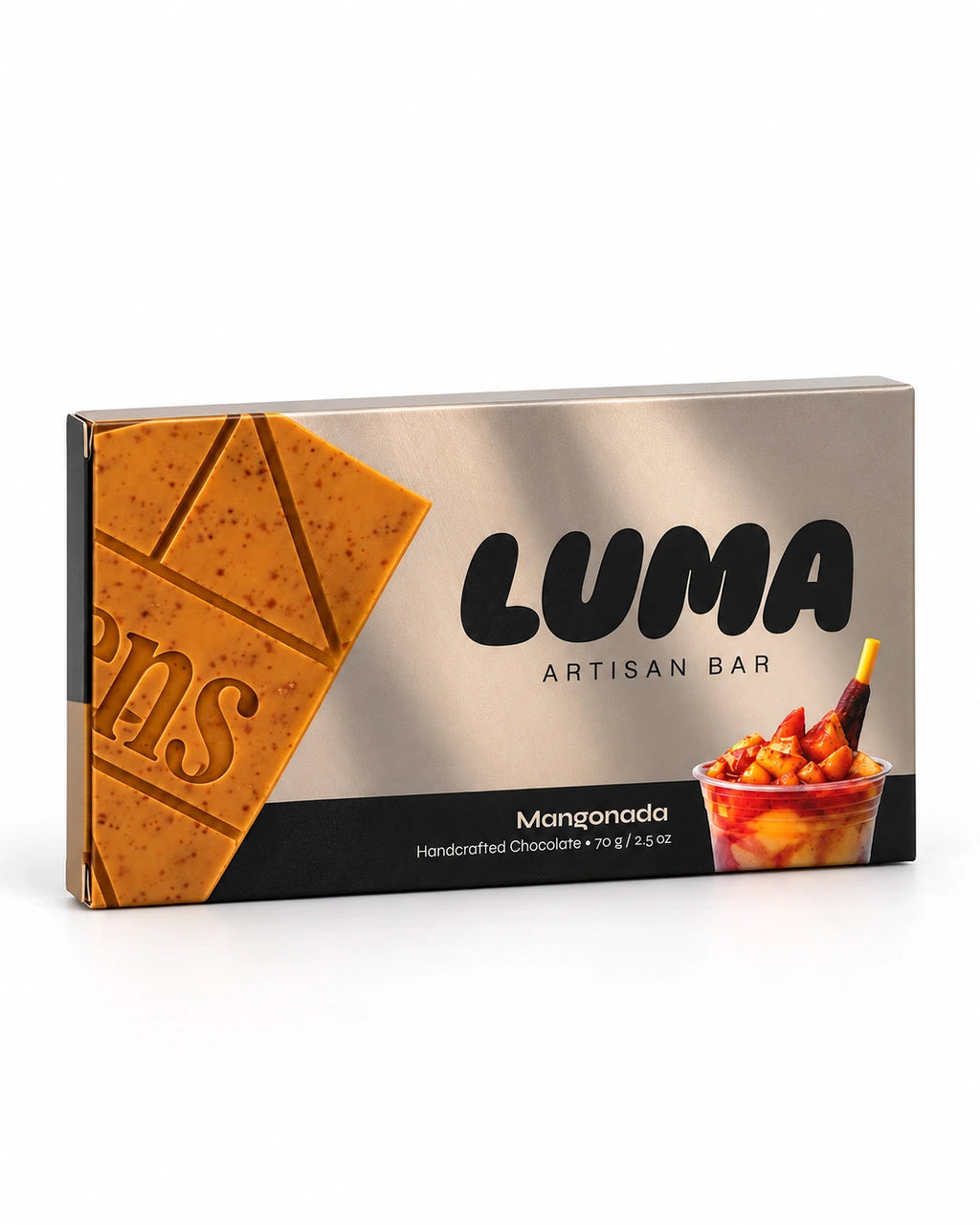 Angled view of LUMA Mangonada 70g chocolate bar packaging