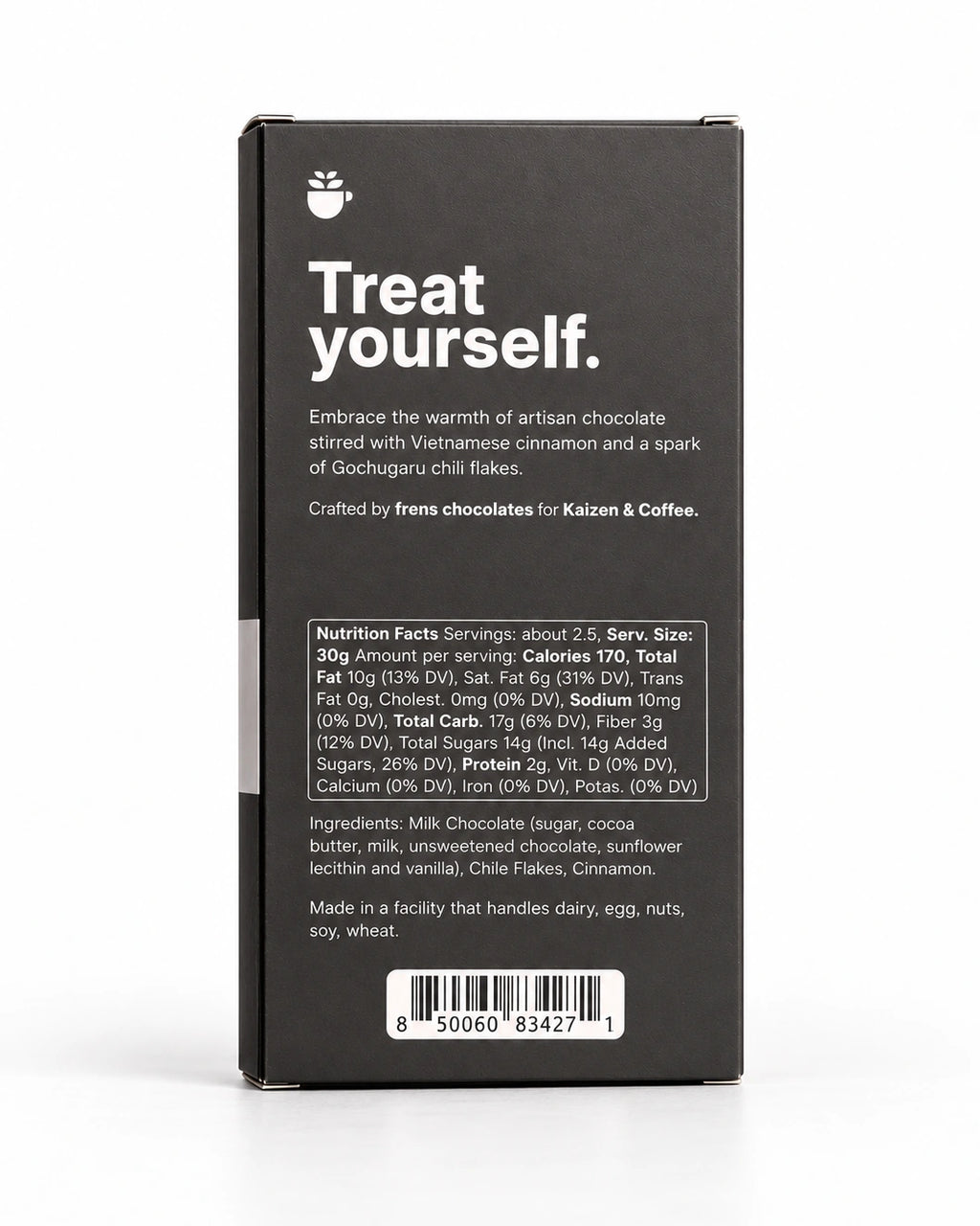 Back of Kaizen Mission Mocha 70g chocolate bar packaging, showing ingredients, facility allergen statement, nutrition facts and UPC
