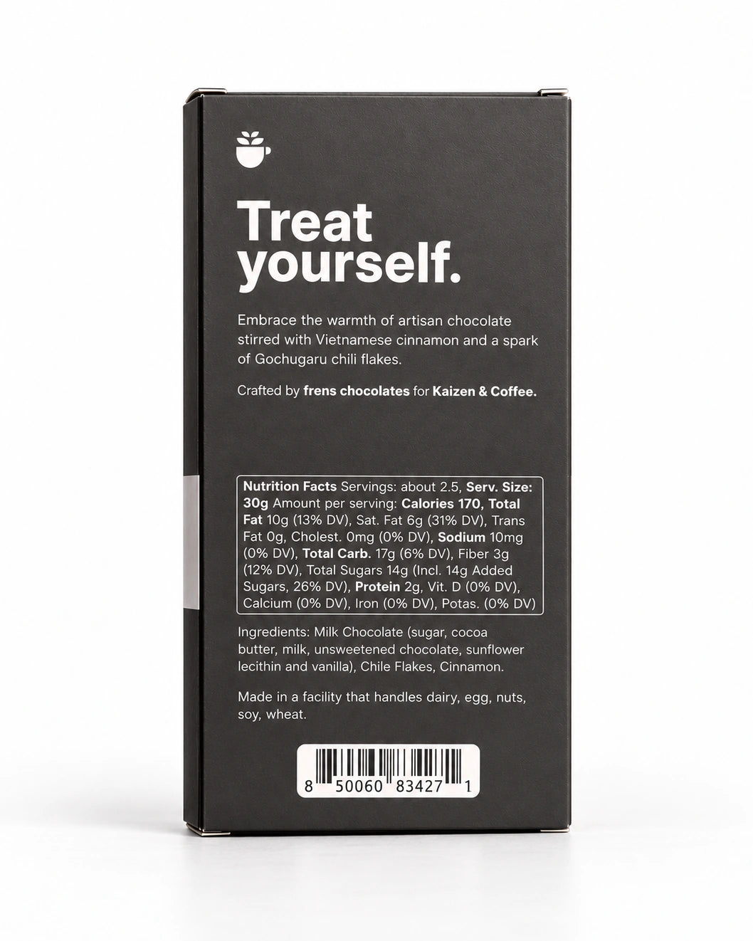 Back of Kaizen Mission Mocha 70g chocolate bar packaging, showing ingredients, facility allergen statement, nutrition facts and UPC