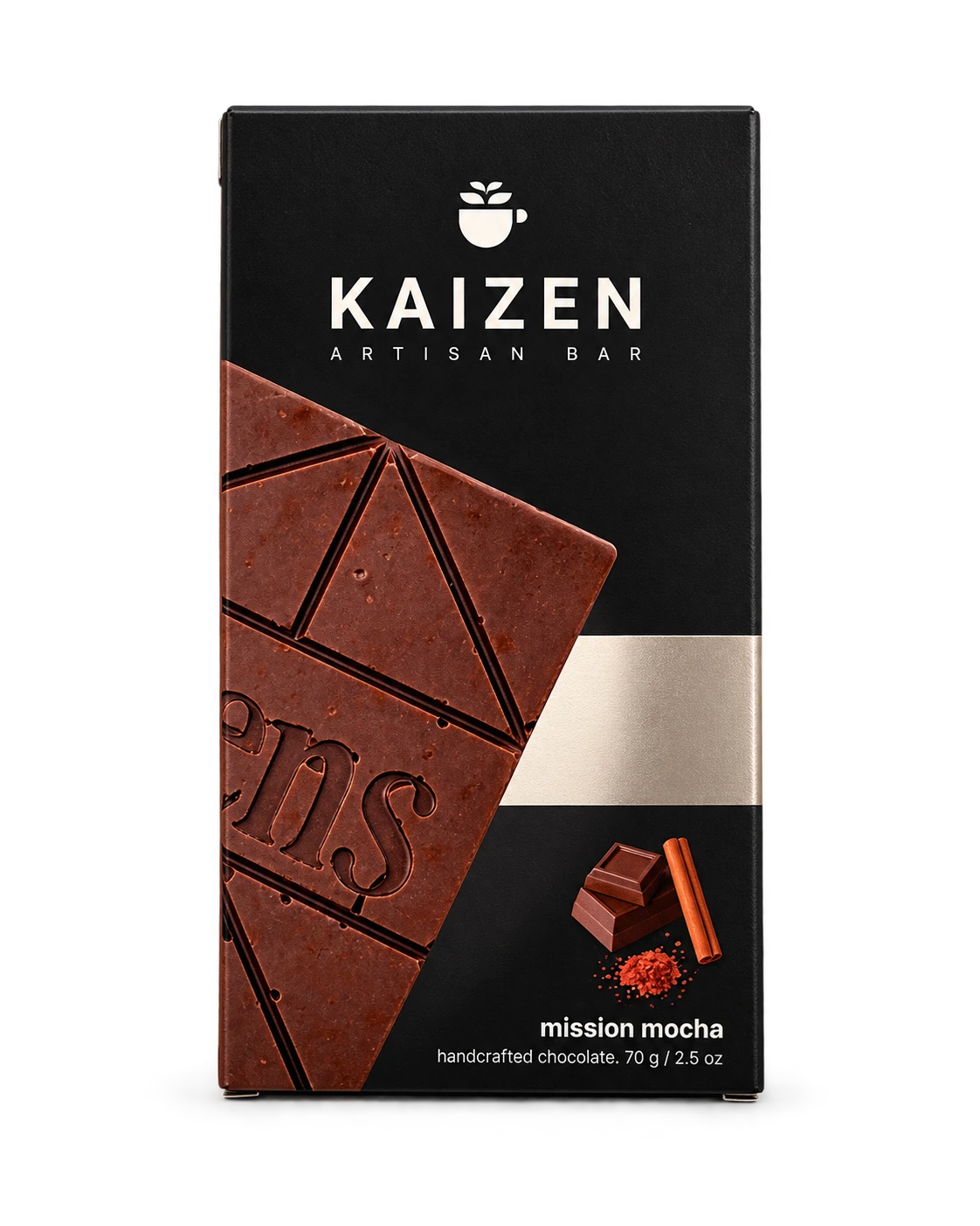 Front of Kaizen Mission Mocha 70g chocolate bar packaging