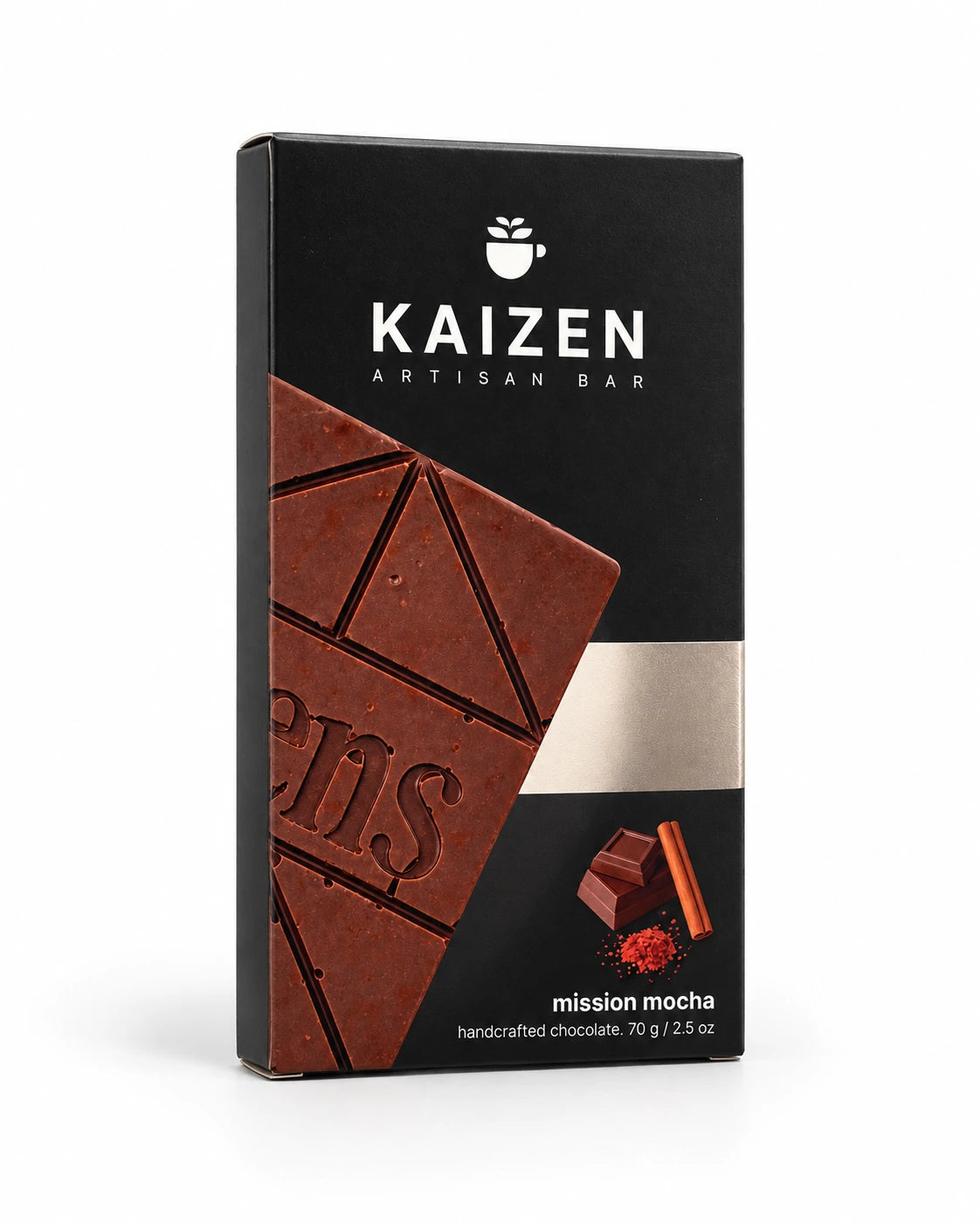 Angled view of Kaizen Mission Mocha 70g chocolate bar packaging
