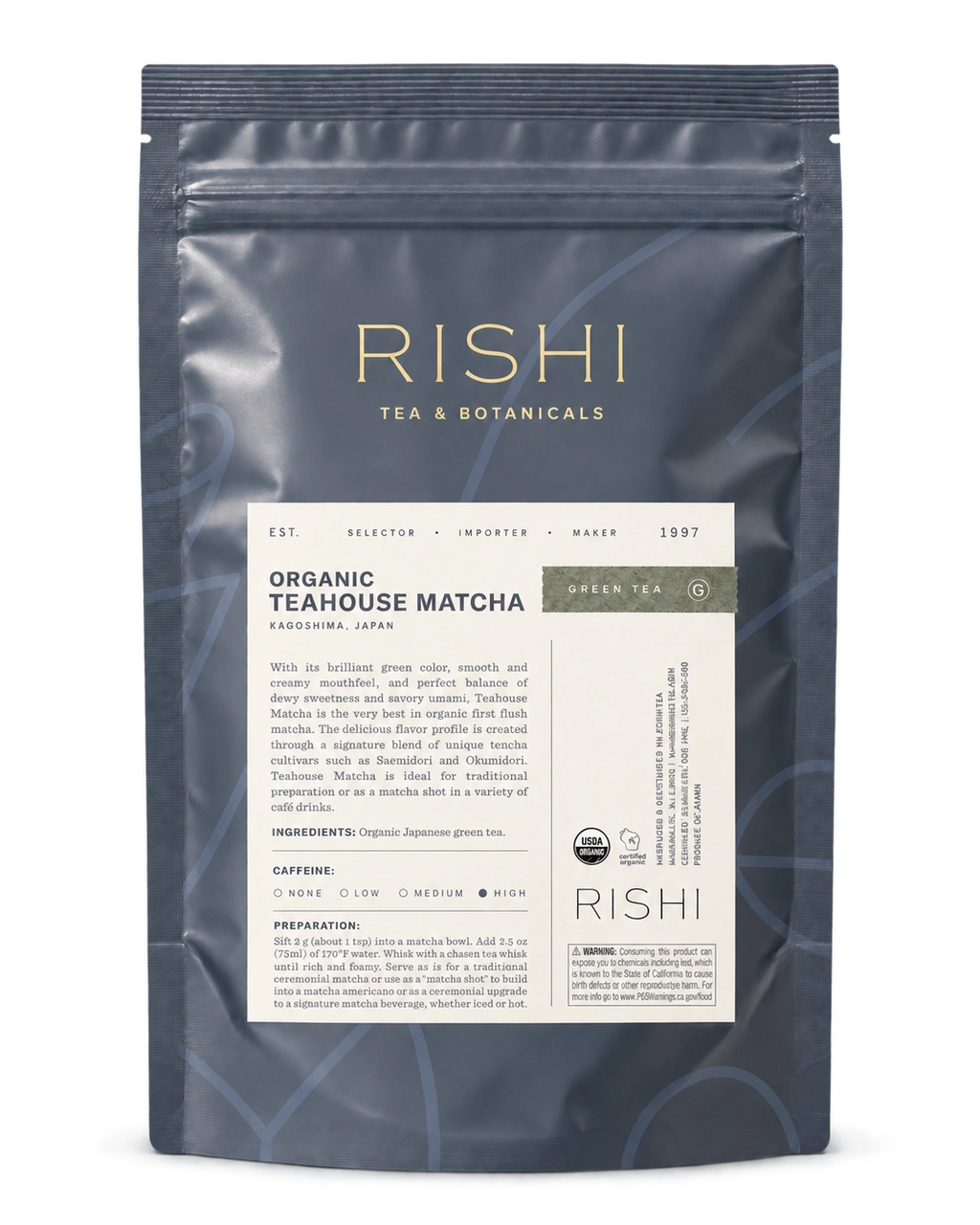 Rishi Organic Teahouse Matcha 100 g bag, front view