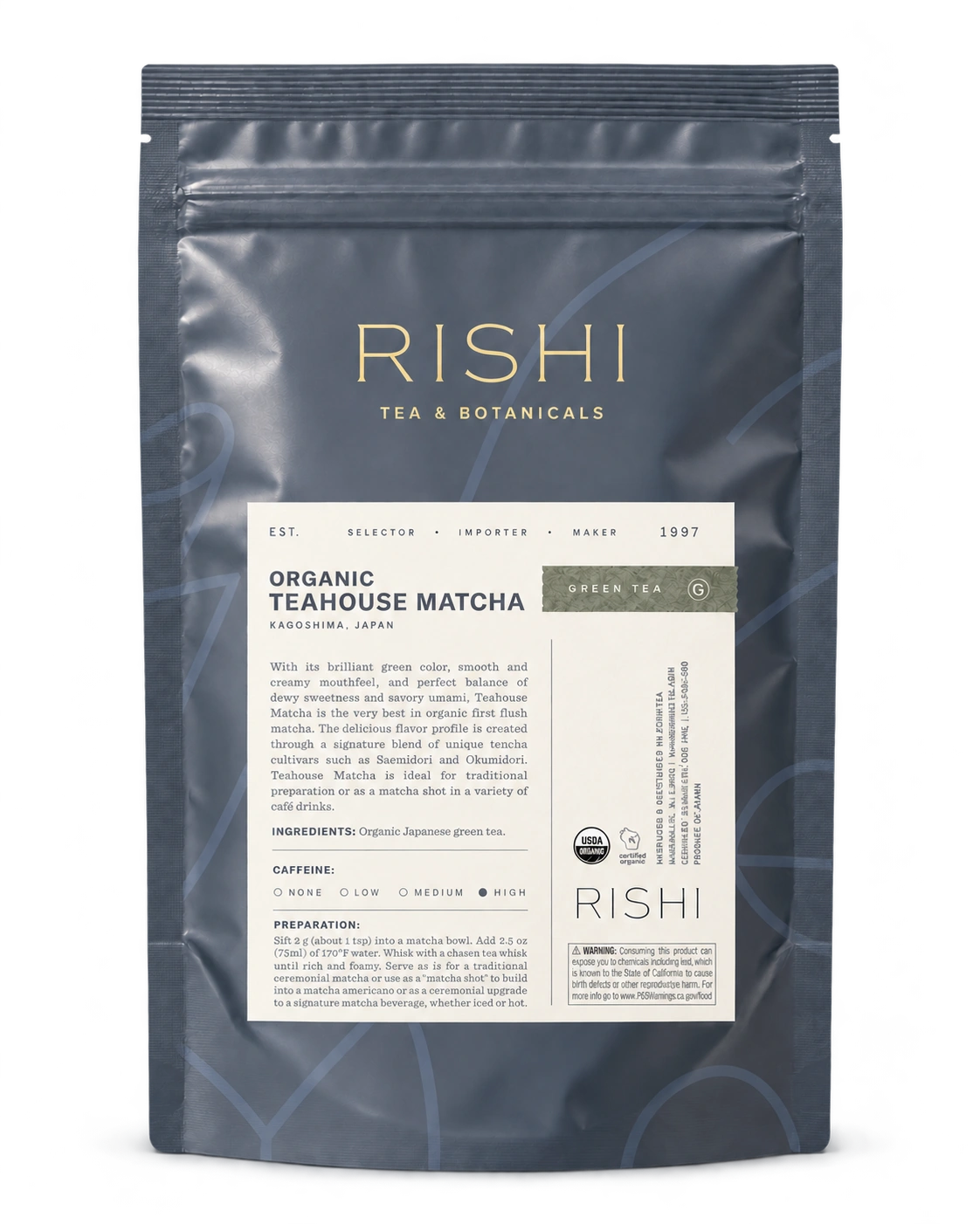 Rishi Organic Teahouse Matcha 100 g bag, front view
