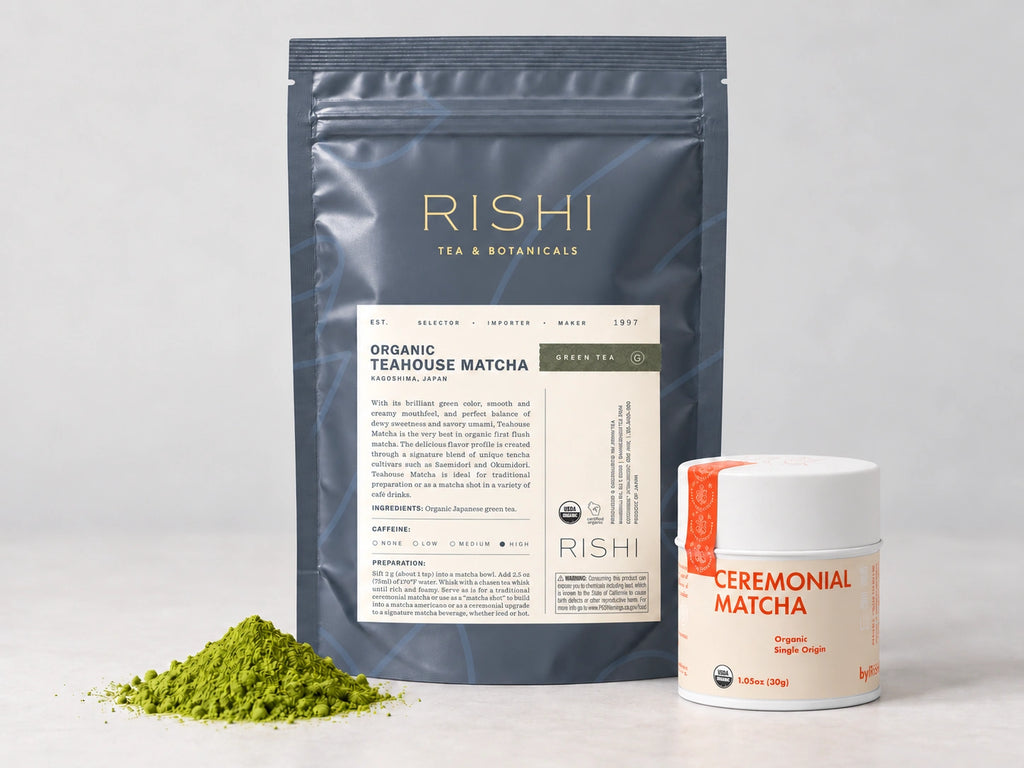 Rishi Organic Teahouse Matcha 100 g bag with matcha powder and a decorative tin; tin not included