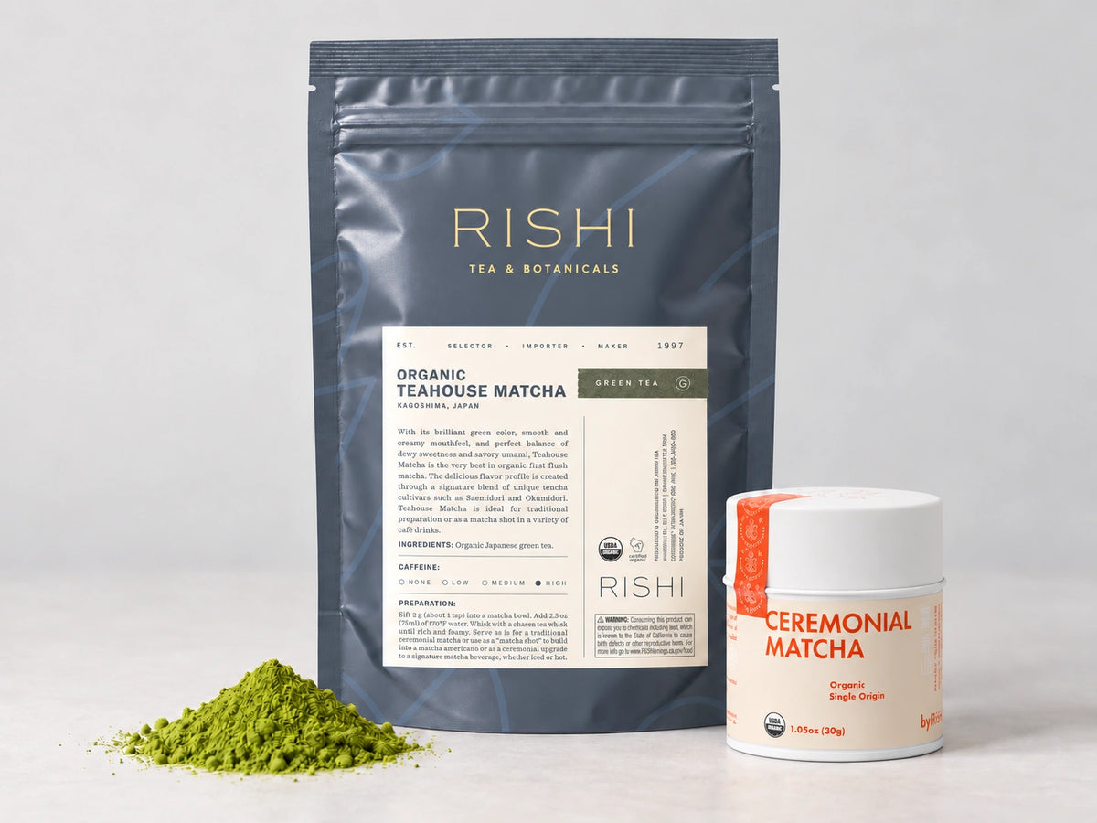 Rishi Organic Teahouse Matcha 100 g bag with matcha powder and a decorative tin; tin not included