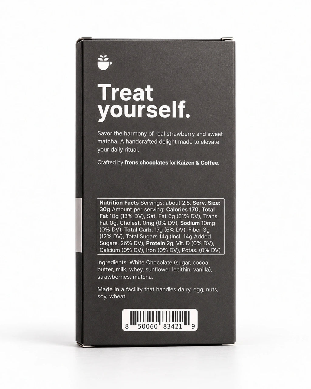 Back of Kaizen Strawberry Matcha 70g chocolate bar packaging, showing ingredients, facility allergen statement, nutrition facts and UPC