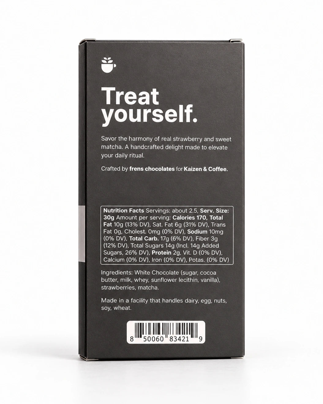 Back of Kaizen Strawberry Matcha 70g chocolate bar packaging, showing ingredients, facility allergen statement, nutrition facts and UPC