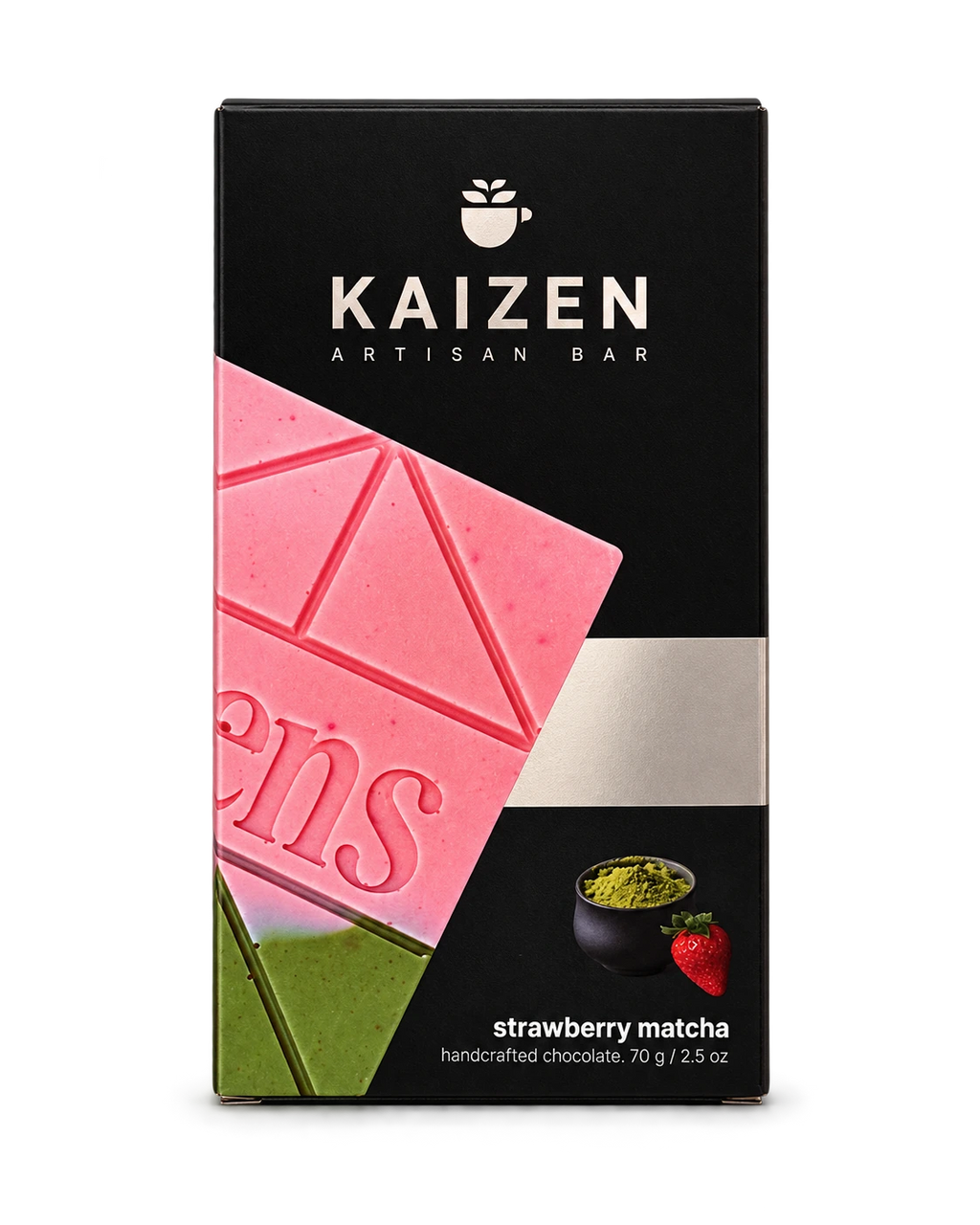 Front of Kaizen Strawberry Matcha 70g chocolate bar packaging