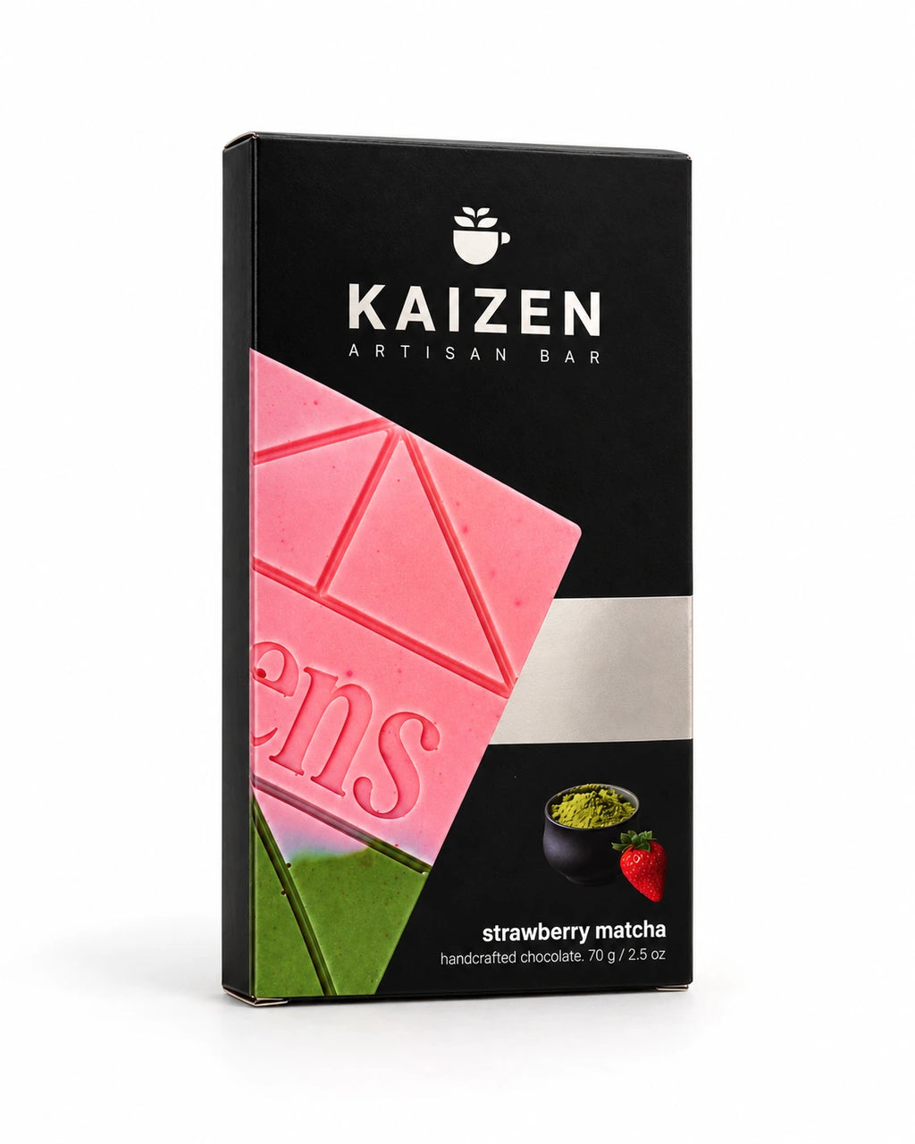 Angled view of Kaizen Strawberry Matcha 70g chocolate bar packaging