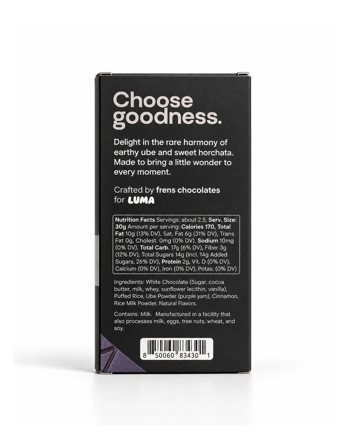 Back of LUMA Ube Horchata 70g chocolate bar packaging, showing ingredients, facility allergen statement, nutrition facts and UPC
