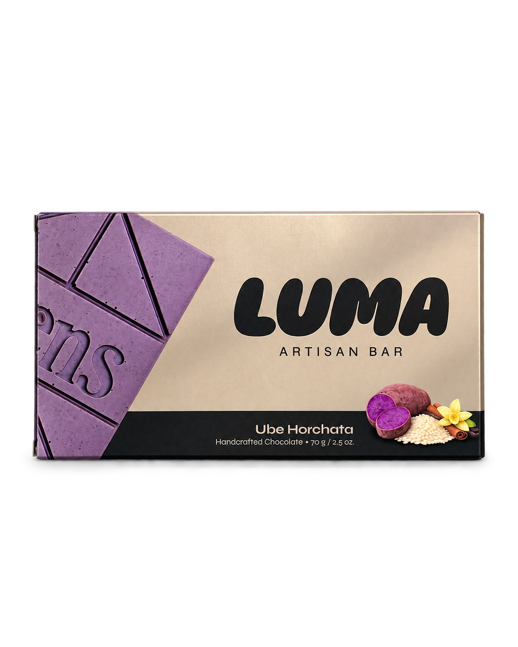 Front of LUMA Ube Horchata 70g chocolate bar packaging
