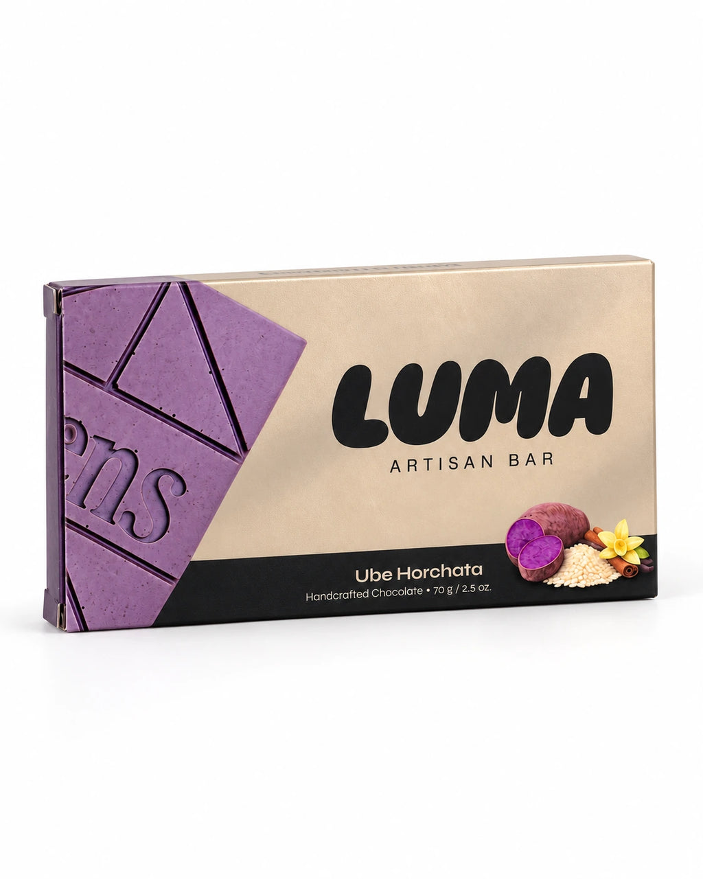 Angled view of LUMA Ube Horchata 70g chocolate bar packaging